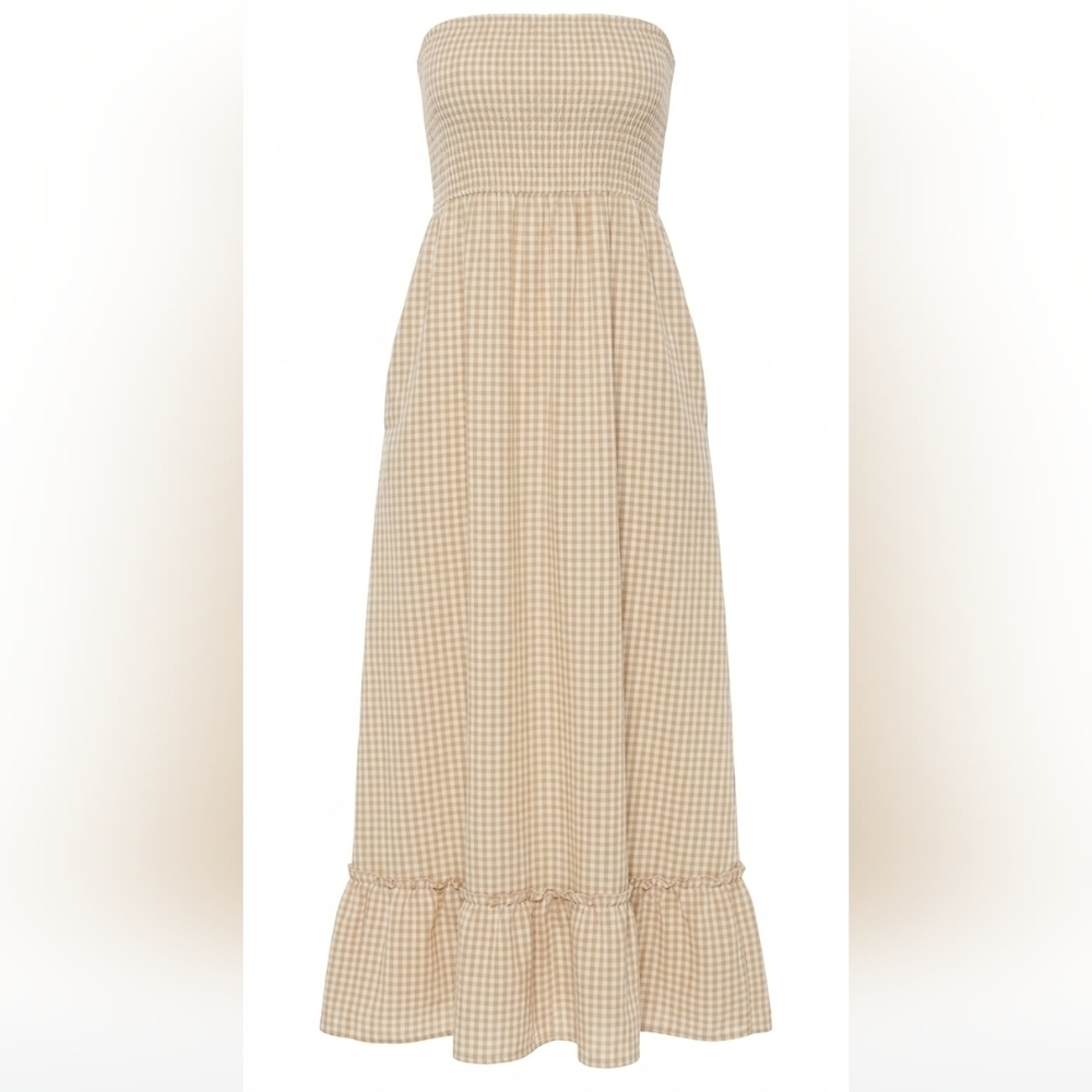 NWT Raviya Beige Gingham Strapless Cotton Maxi Cover Up Dress Large Resortwear